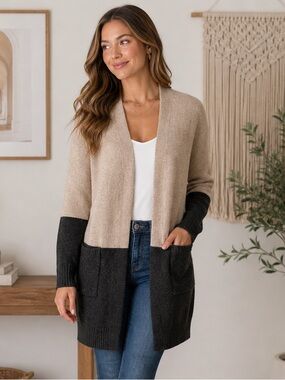 Arianna Open Cardigan Womens S/M Colorblock Beige Black Cozy Duster Pockets